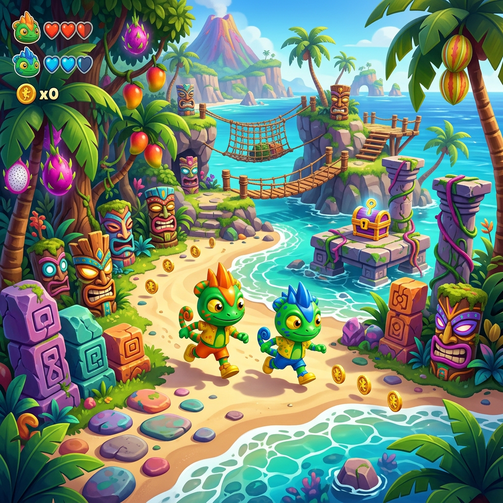 AI Design for make these two charachters run around an ocean beach coastal islandejungle with colorfull fruits anad palm trees colorfull stone ruins and tiki heads with a video game jungle vibethemed world video game based platformer world
