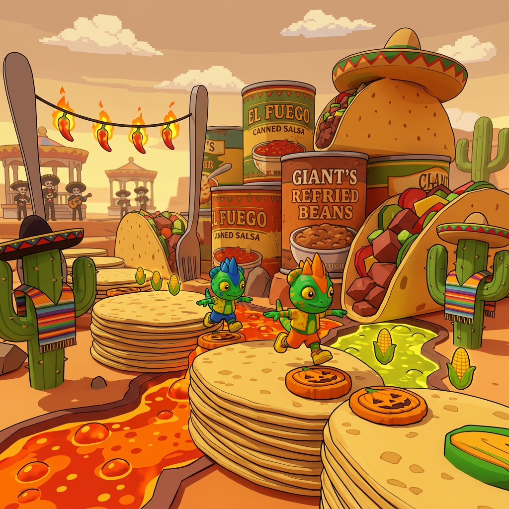 AI Design for make these two charachters run around a festival mariache desert kitchen with large tacos foods cans and salsa lava themed decor video game based platformer world