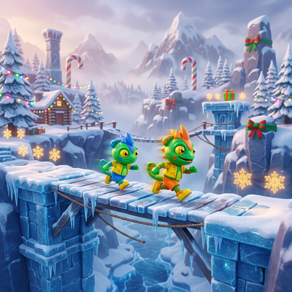 AI Design for make these two charachters run around an ice themed world video game based platformer world that has a chrishtmas vibe mountain range aesthetic