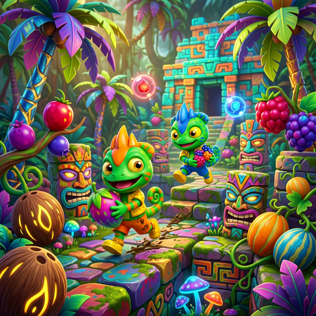 AI Design for make these two charachters run around anslandejungle with colorfull fruits anad palm trees colorfull stone ruins and tiki heads with a video game jungle vibethemed world video game based platformer world