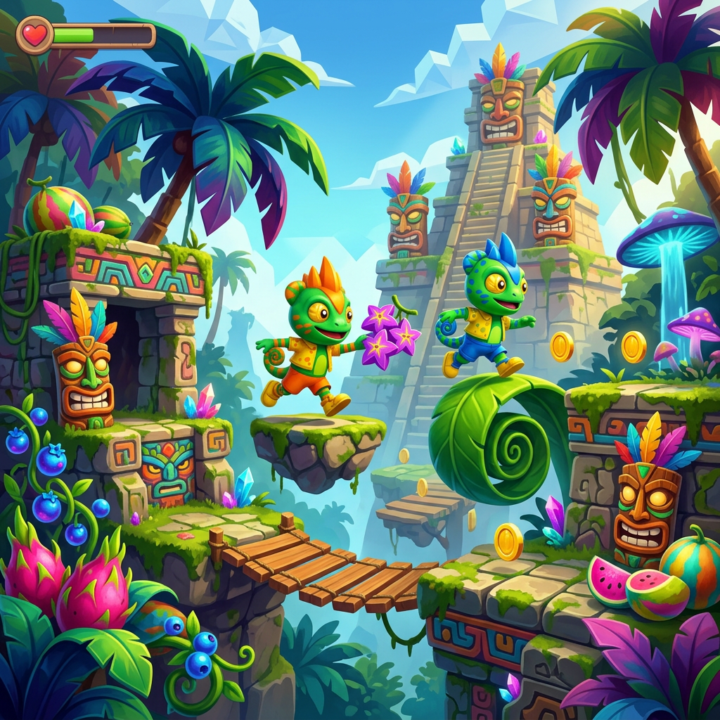 AI Design for make these two charachters run around anslandejungle with colorfull fruits anad palm trees colorfull stone ruins and tiki heads with a video game jungle vibethemed world video game based platformer world