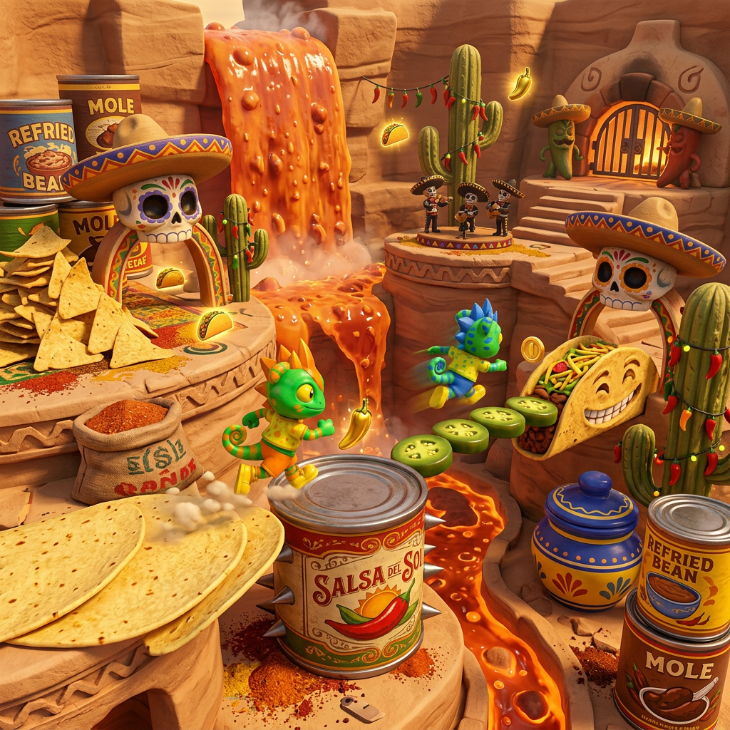 AI Design for make these two charachters run around a festival mariache desert kitchen with large tacos foods cans and salsa lava themed decor video game based platformer world