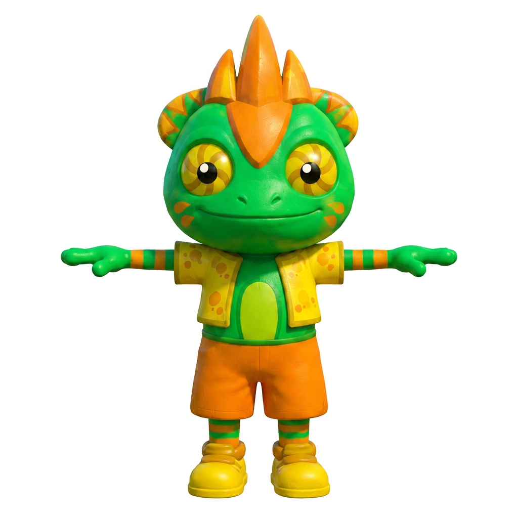 AI Design for i want a t pose of this charachter with the exact colors of the charachter white background and vlosed mouth exact chbbyness and everything