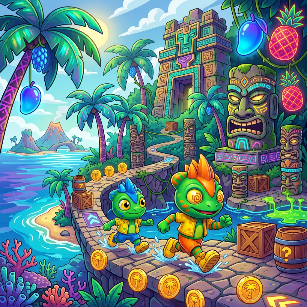 AI Design for make these two charachters run around an ocean beach coastal islandejungle with colorfull fruits anad palm trees colorfull stone ruins and tiki heads with a video game jungle vibethemed world video game based platformer world