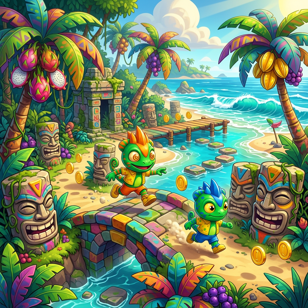 AI Design for make these two charachters run around an ocean beach coastal islandejungle with colorfull fruits anad palm trees colorfull stone ruins and tiki heads with a video game jungle vibethemed world video game based platformer world