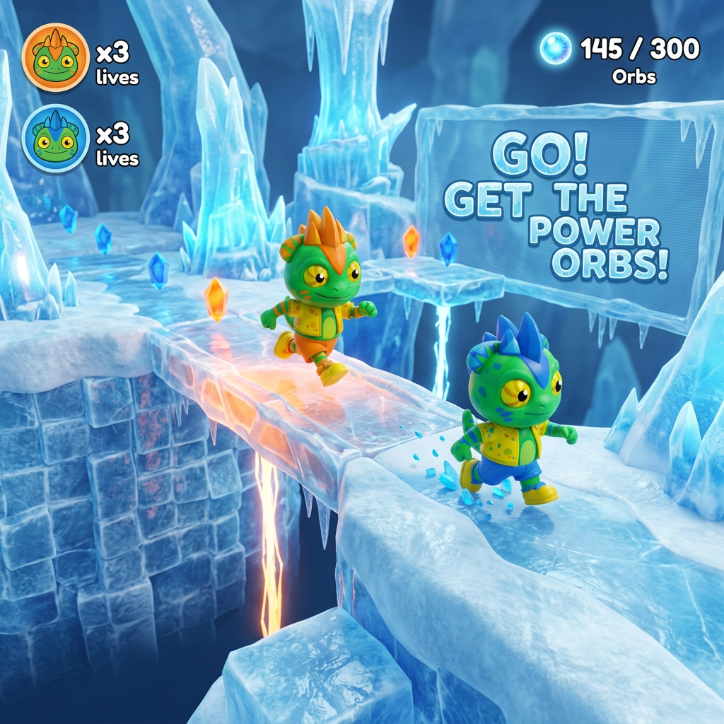 AI Design for make these two charachters run around an ice themed world video game based platformer world