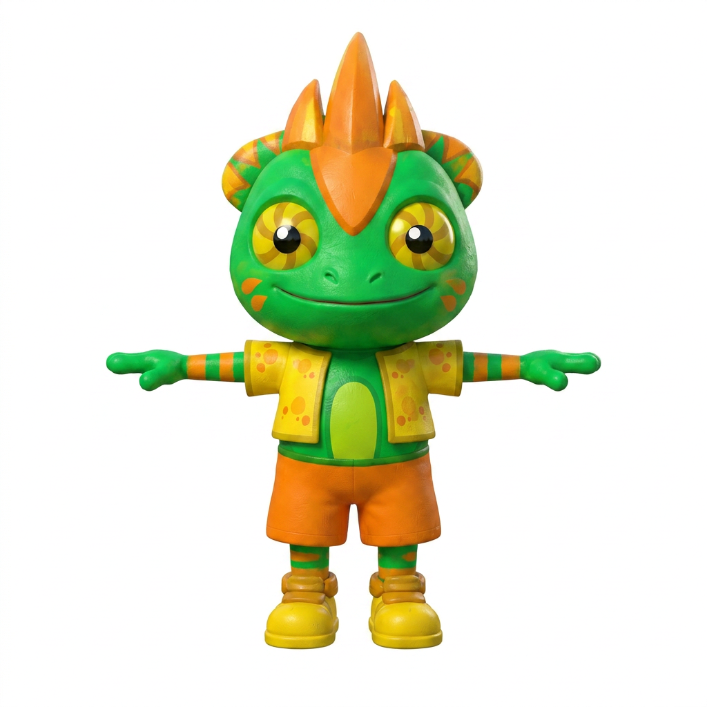 AI Design for i want a t pose of this charachter with the exact colors of the charachter white background and vlosed mouth exact chbbyness and everything