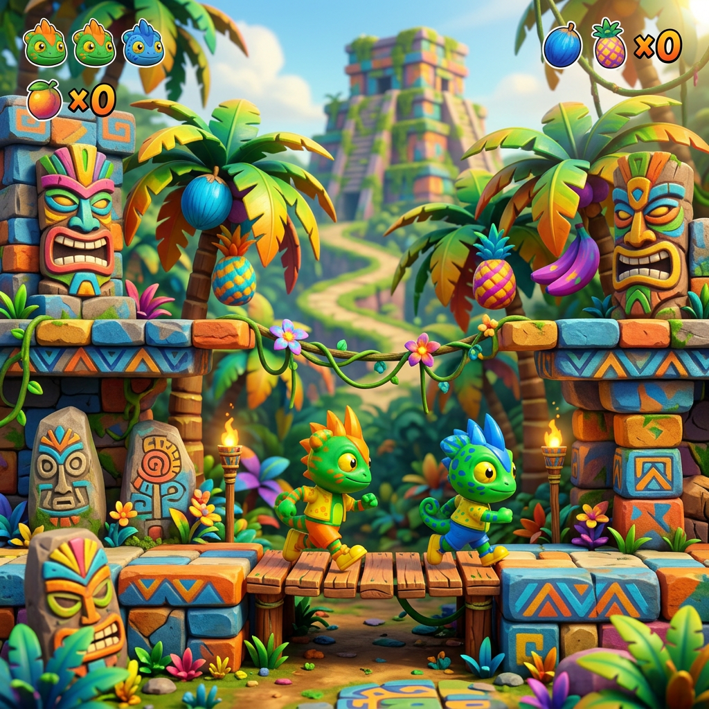 AI Design for make these two charachters run around anslandejungle with colorfull fruits anad palm trees colorfull stone ruins and tiki heads with a video game jungle vibethemed world video game based platformer world