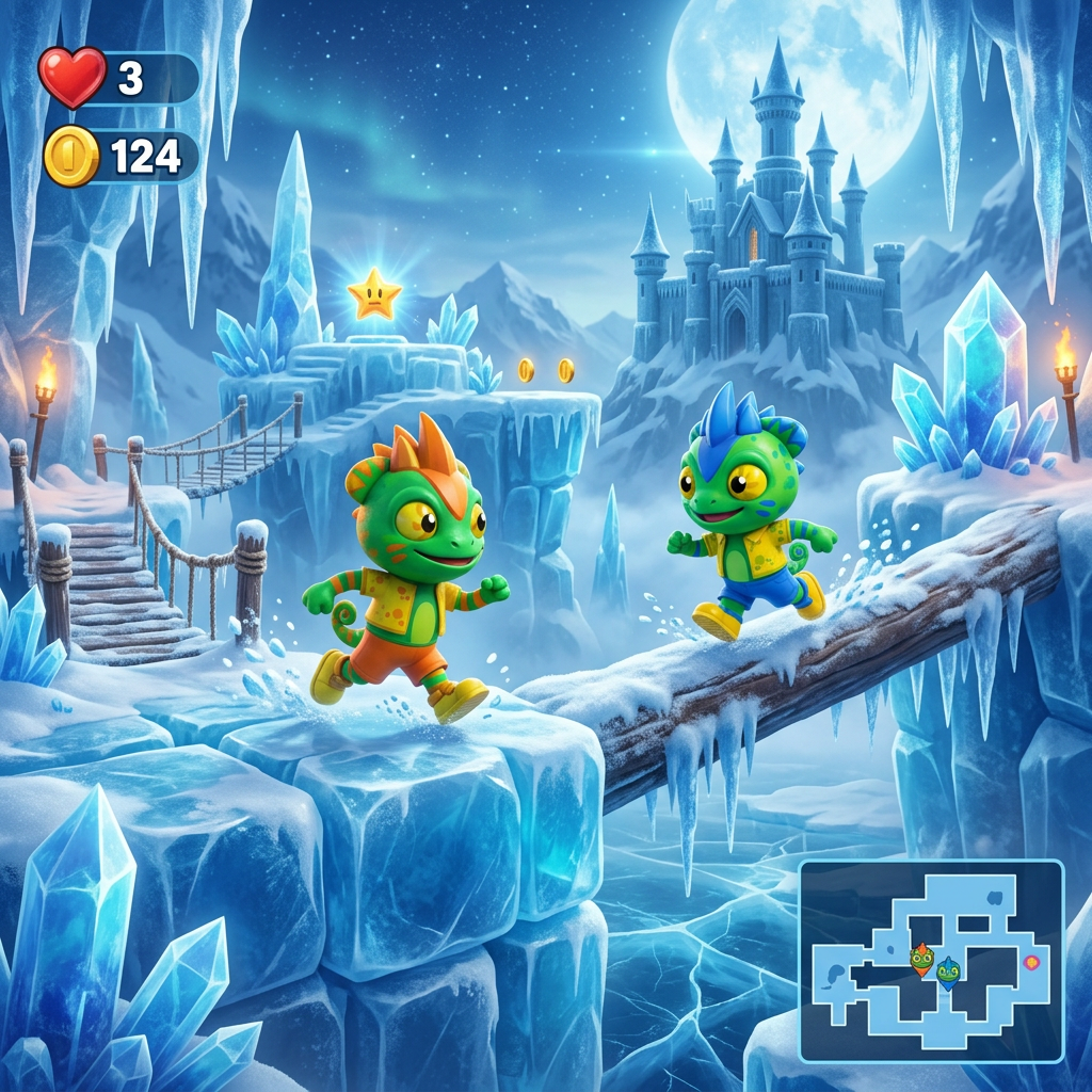 AI Design for make these two charachters run around an ice themed world video game based platformer world