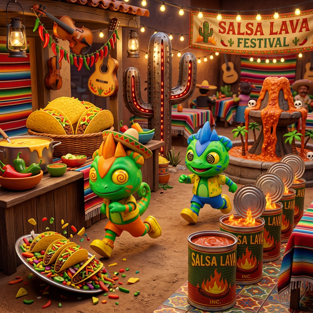 AI Design for make these two charachters run around a festival mariache desert kitchen with large tacos foods cans and salsa lava themed decor