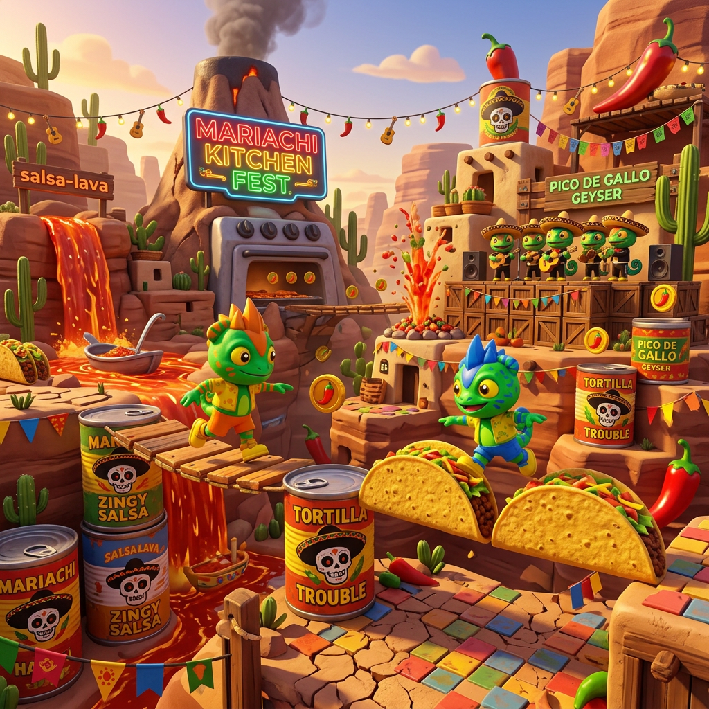 AI Design for make these two charachters run around a festival mariache desert kitchen with large tacos foods cans and salsa lava themed decor video game based platformer world