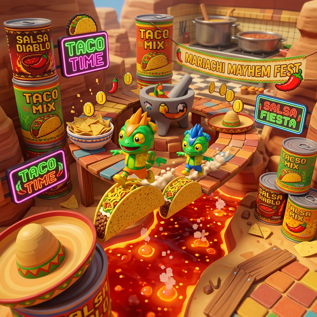 AI Design for make these two charachters run around a festival mariache desert kitchen with large tacos foods cans and salsa lava themed decor video game based platformer world