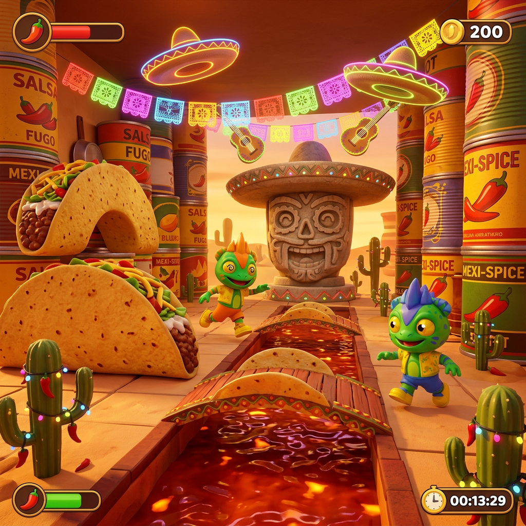 AI Design for make these two charachters run around a festival mariache desert kitchen with large tacos foods cans and salsa lava themed decor video game based platformer world