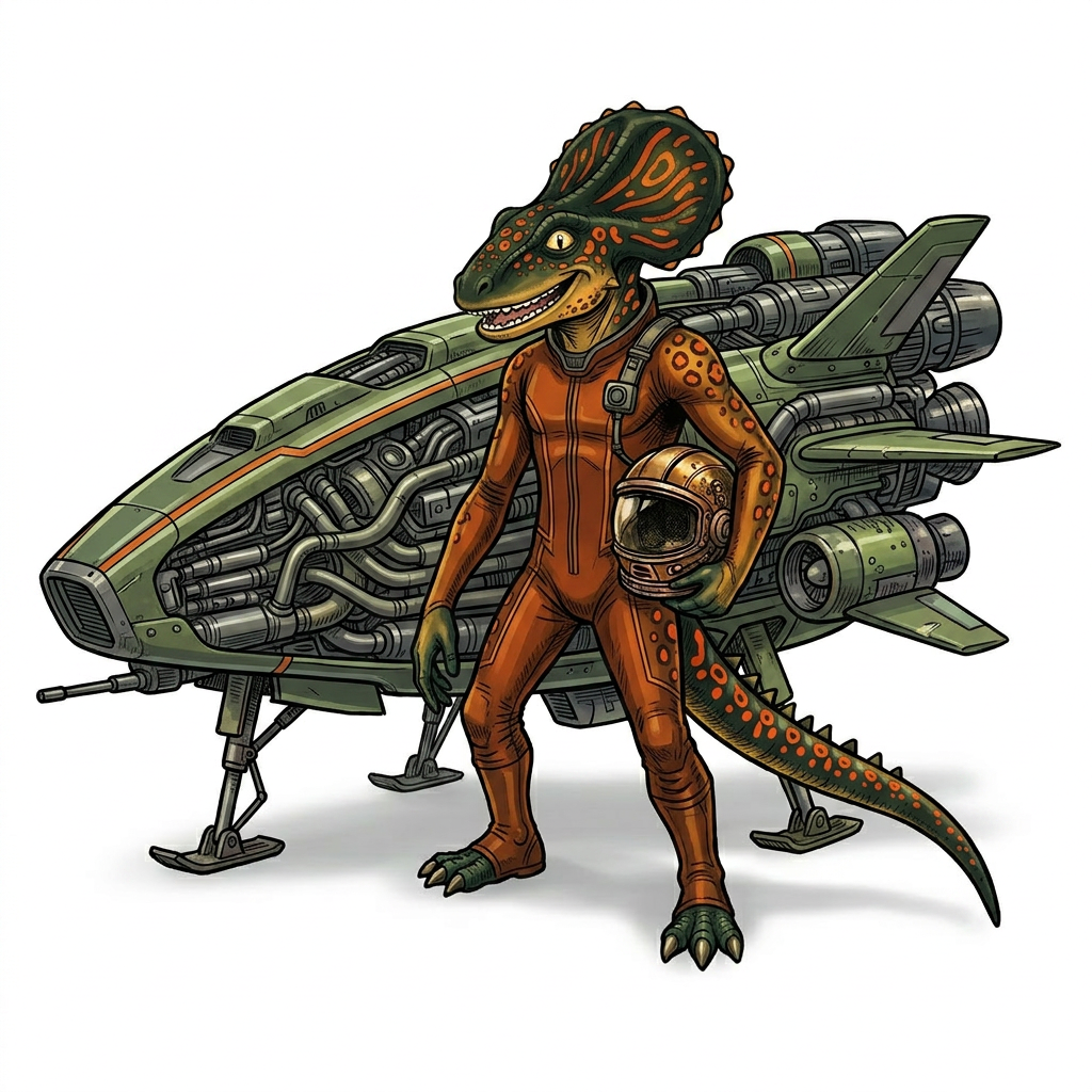AI Design for Make the spots on his body it's something more darker and powerful like really cool and make his body tone overall more darker because it's way too light don't put anything around and actually just put like white background and giving a space pot take some he's outside the space he's basically getting ready for a race super upbeat and happy but space pod behind him is okay not that dark green I meant more of an olive green like a Brian a beet green not light not dark perfectly in the middle make-ish spots orange like a strong vibrant Orange you know a Jaguar spot slight outline and then an inside line on the spots not the body on the spots basically gonna be darker orange and then inside is it gonna be a lighter but still vibrant orange those are going to be the colors of the spots he's gonna be green and he's gonna have some yellow accents like a gradient um make his outfit design one more simpler in the spaceship is way too colorful again like more longer slimmer in the more parts and more tubes like a complex system no regulars space ship it can fly in immaculate speed but it doesn't look so cool as we all think it does