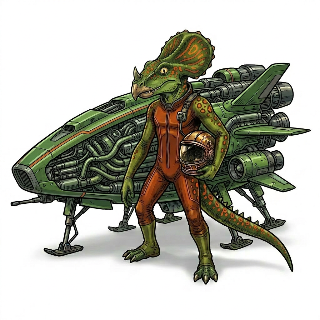 AI Design for Alright make the ship very large but make it still feel like it's his fighter jet make us skin much oh like a much lighter green yet not a two light green like a baby green I wanted to be somewhere in the middle of dark green and breaking so just like a more of a leaf or mossy green make the ship longer and give him a give the dinosaur a small front horn and that's it in a beak