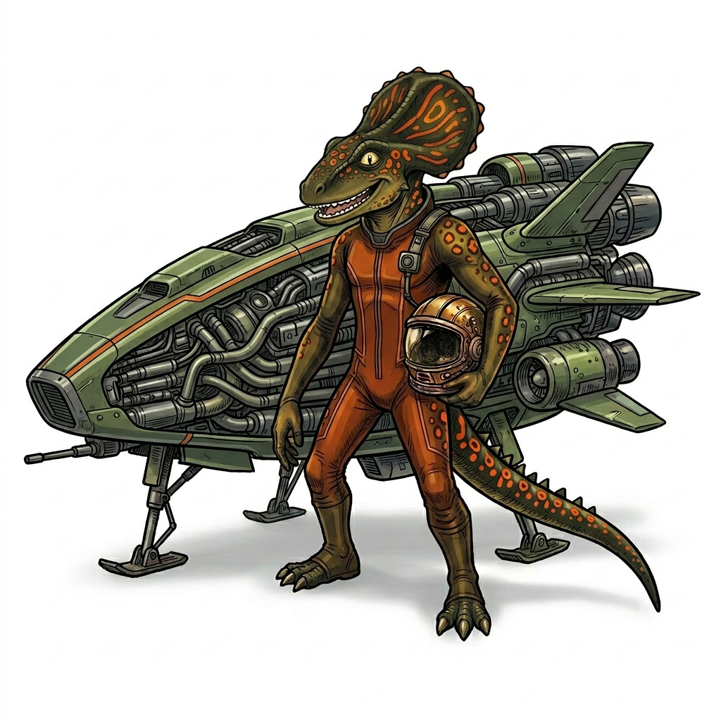 AI Design for All right this is the last part don't edit the spots just make the skin like a bit brighter like not light but not too much dark like slightly dark like all of tone keep up the good work with the dinosaur with me could the spaceship a bit more longer like elongated so it's like much bigger than him
