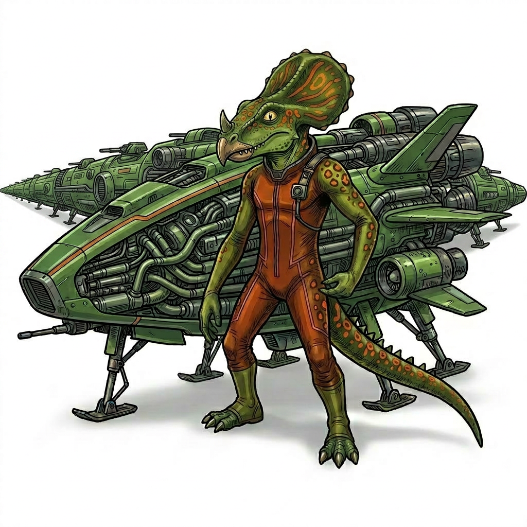 AI Design for Something here is that in the dinosaur looks amazing you don't change him make the space ship large like very long elongated and very long make it like a very long spaceship behind him or move the helmet from his arms and that's it