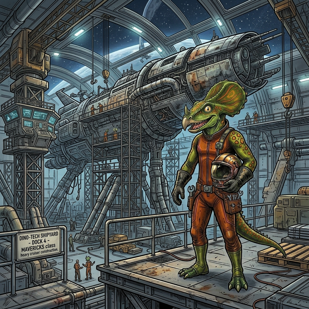 AI Design for Give him black gloves so he's like a mechanic then put him on a construction site that's building the spaceship that is getting held up by metal pipes is really big much bigger than him make the the ratio of the image much bigger too and I just really big spaceship