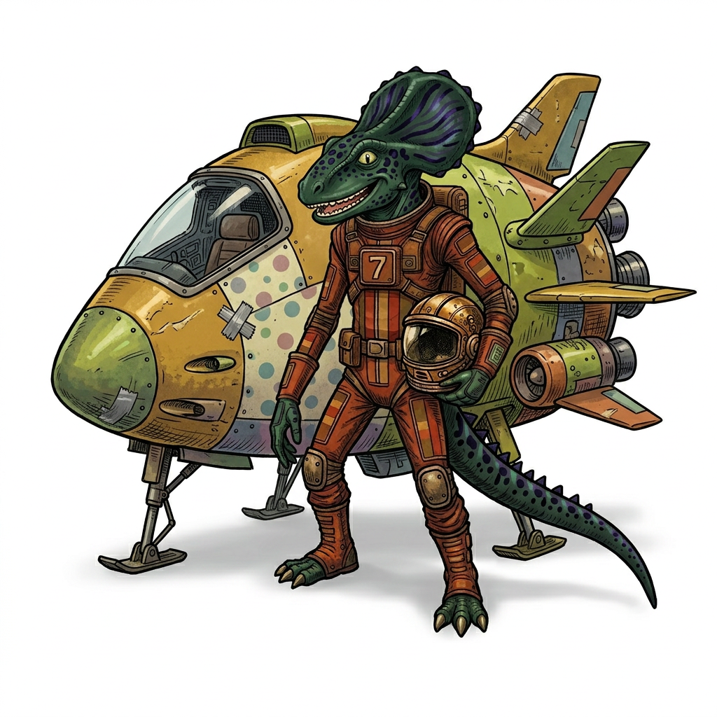 AI Design for Make the spots on his body it's something more darker and powerful like really cool and make his body tone overall more darker because it's way too light don't put anything around and actually just put like white background and giving a space pot take some he's outside the space he's basically getting ready for a race super upbeat and happy but space pod behind him is no regulars space ship it can fly in immaculate speed but it doesn't look so cool as we all think it does