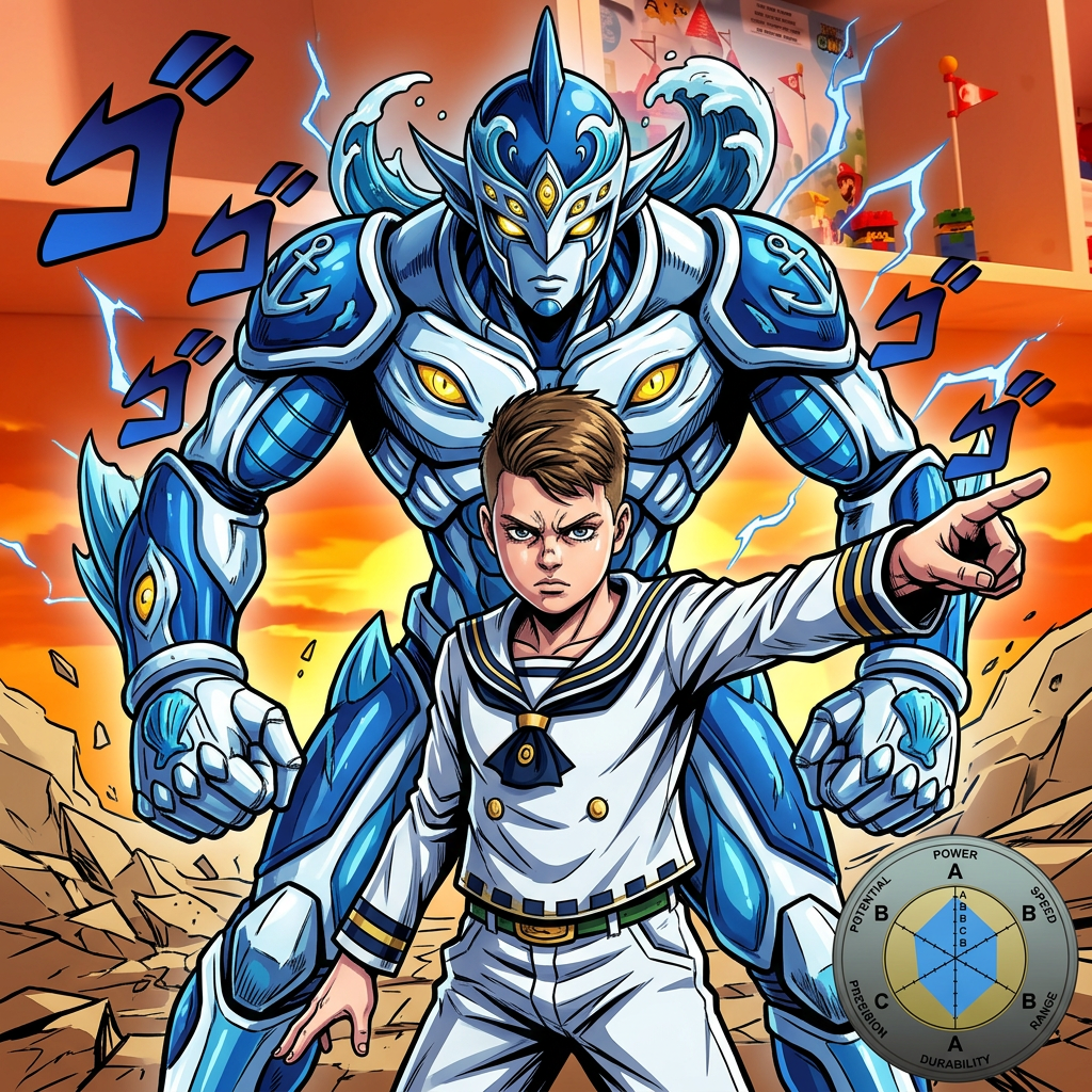 AI Design for Can you design me a JoJo's bizarre adventure style stand a stand is an embodiment of power that is described with the soul that is typically larger than the user stands right behind them in battle now you can feel free to take some creative liberties and add their own colors designs and even make me we are uniform that is related to the p