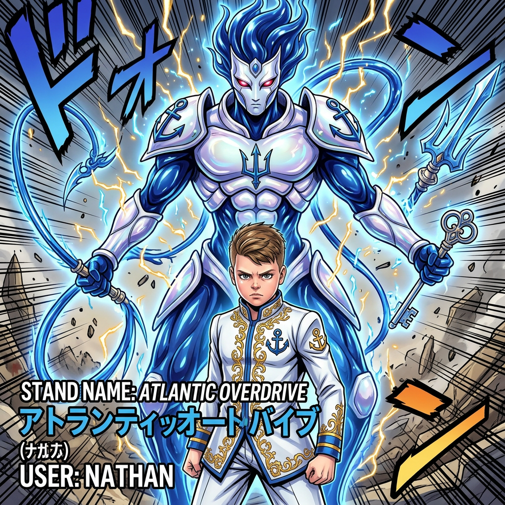 AI Design for Can you design me a JoJo's bizarre adventure style stand a stand is an embodiment of power that is described with the soul that is typically larger than the user stands right behind them in battle now you can feel free to take some creative liberties and add their own colors designs and even make me we are uniform that is related to the p