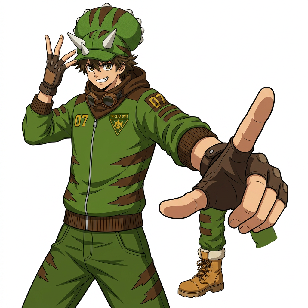 AI Design for Clothes of this anime character with green orange details this hat so that looks like a dinosaur and make him do this pose