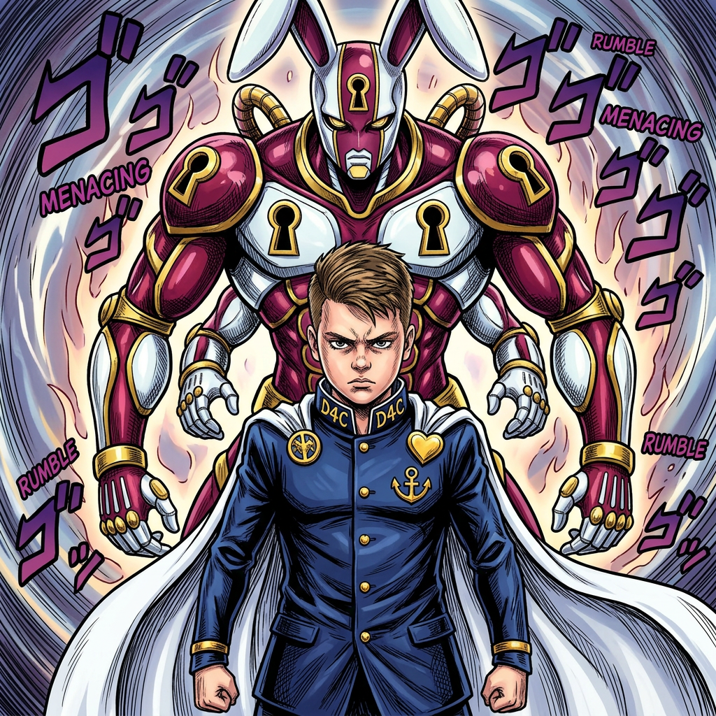 AI Design for Can you design me a JoJo's bizarre adventure style stand a stand is an embodiment of power that is described with the soul that is typically larger than the user stands right behind them in battle now you can feel free to take some creative liberties and add their own colors designs and even make me we are uniform that is related to the p