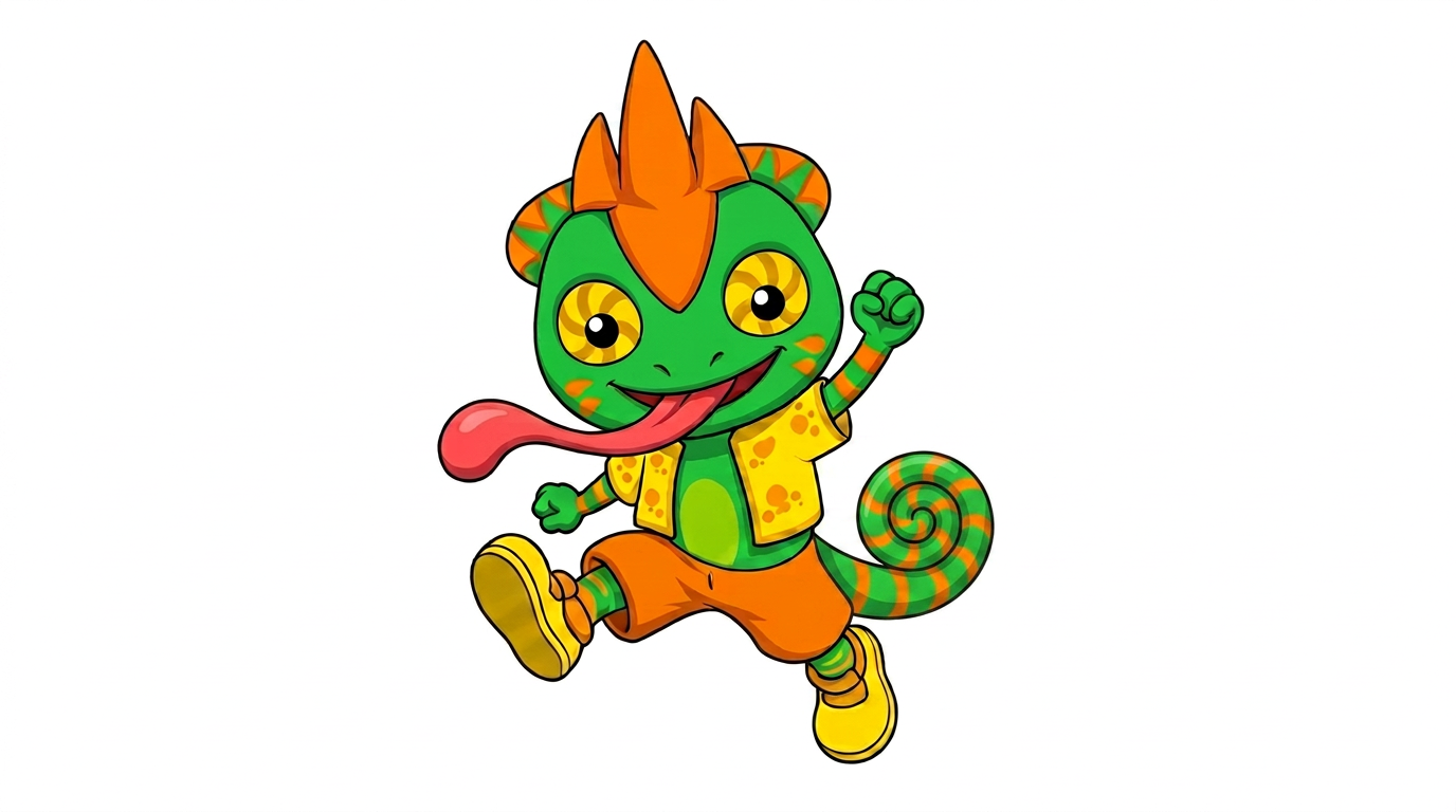AI Design for white background just charachter his tail is is short bet end is swirly like a cinnamon roll and is green orange in a pattern of colour more green than orange medium amount of arange stripes smaller tail thanks please