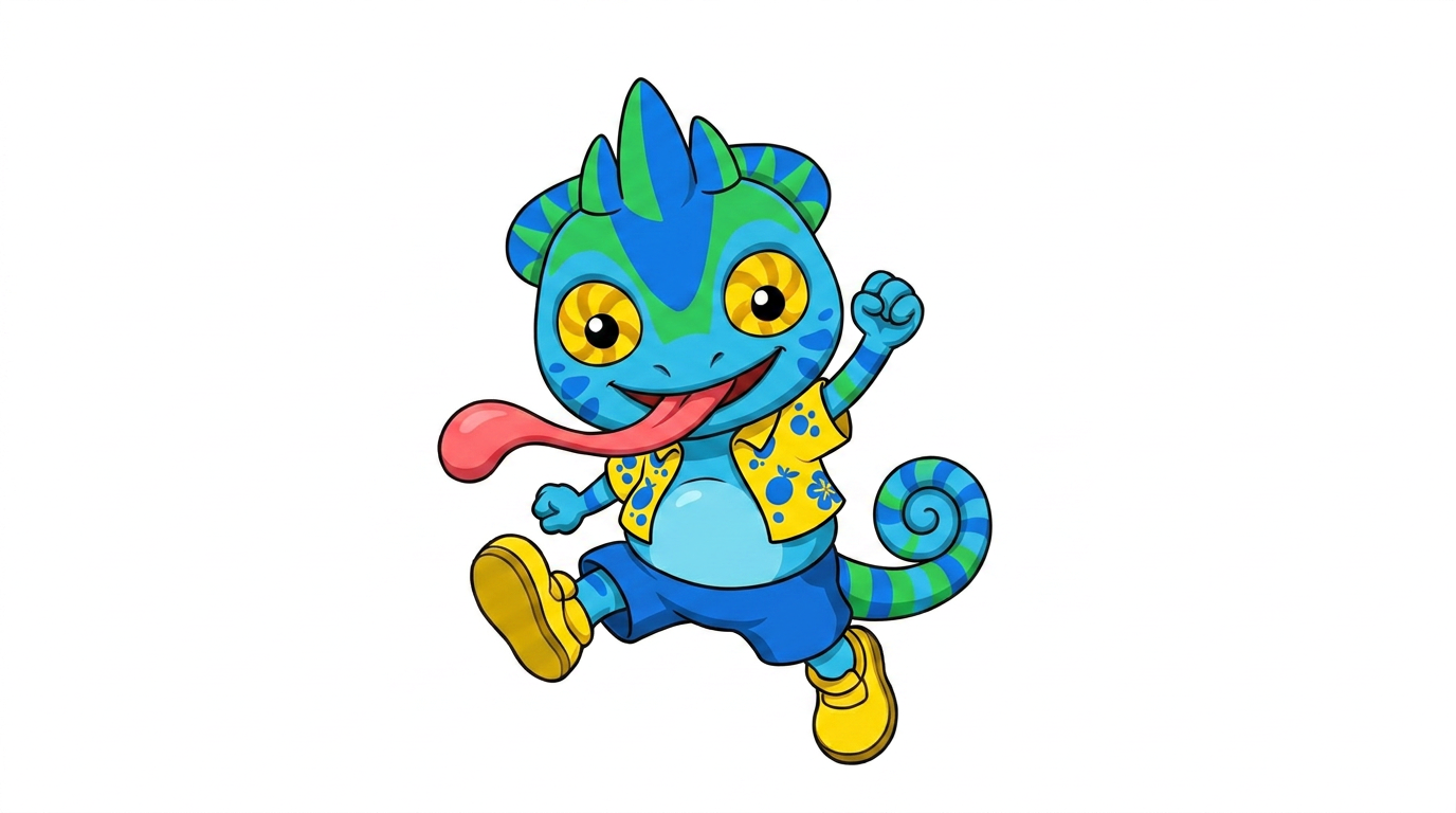 AI Design for the firsdt image has the pose i want to replicate which also has the same drawing style i want to repliocate to the second image with the small blue chameleon which should face the other direction on a white backdrop make him face the right and make him small and chubby MAKE HIM FACCE TO THE RIGH SIDE OF THE IMAGE