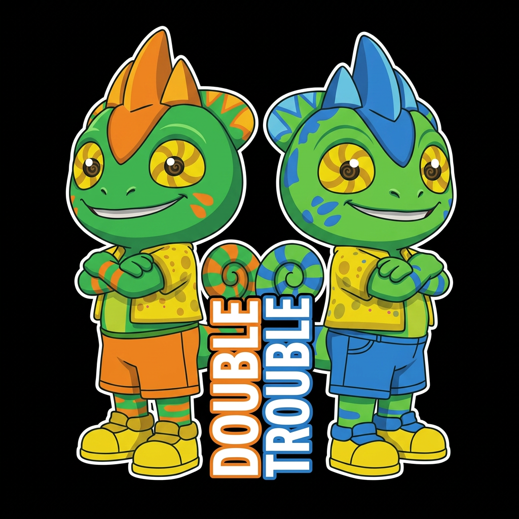 AI Design for So put them in just like cartoonish art style where they don't have too many shadows and I don't like how the text is vertical should make the text normal you should make the green and blue lizard smaller shorter than the green orange One and make it like in this sort of cartoon vector I guess art style with bold and thick lines and not too many shadows and don't change your designs a bit don't