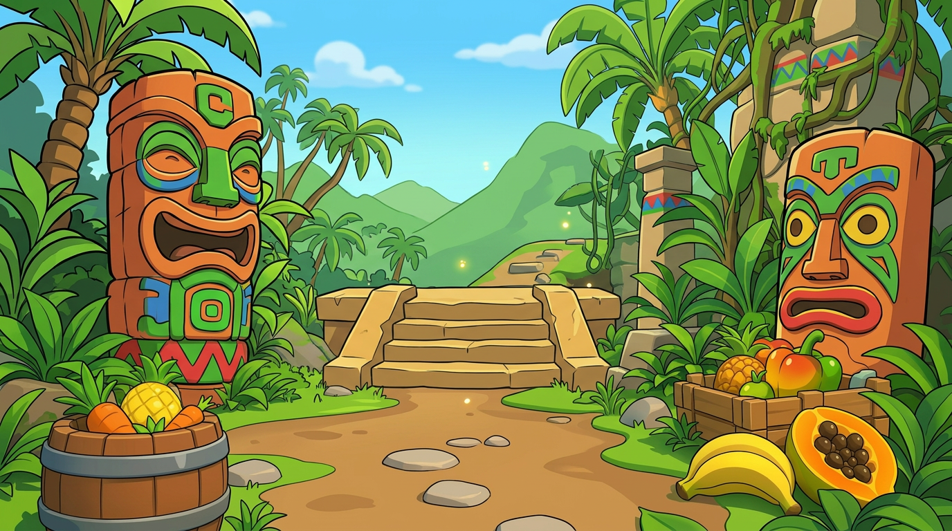 AI Design for MAKE AAN ENVIROMENT WITH THIS AESTHETIC MAKE IT SIMPLE CLEAN CARTOONY SIMPLER CLEAN NOT TO CONFUSING WITH FRUIT PALM TREES VINES like an indie game3 sunny comic style more mgreen and beatifull world 3d platformer no simple coloring vibrant with minimal comic shading thick black bold lines in a simple enviroment with wood things related to wood are basic clean and have tribal colorings like zigzag lines on colored strip colorfull shapes on tribal parts and tiki heads simple aproachableand lizard like and sotne pillars are yellow ish only stones and dirt is brown and a bit of yellow mix the tiki heads are orange brown sane with the tiki heads simple yet colorfull with stripes triangles etc and colors of the tribal things re green orange blue red yellow and no pink or purple