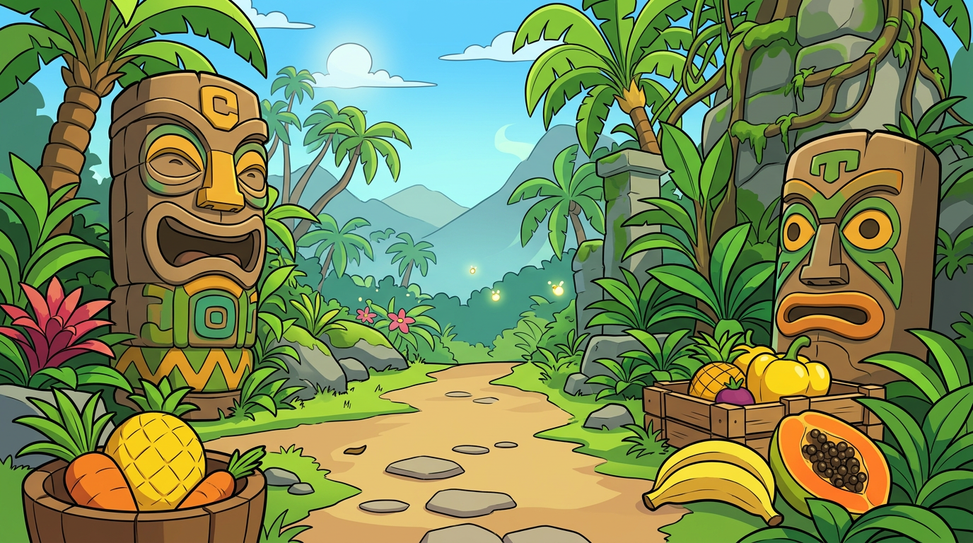 AI Design for MAKE AAN ENVIROMENT WITH THIS AESTHETIC MAKE IT SIMPLE CLEAN CARTOONY SIMPLER CLEAN NOT TO CONFUSING WITH FRUIT PALM TREES VINES like an indie game3 sunny comic style more mgreen  and beatifull world 3d platformer no simple coloring vibrant with minimal comic shading thick black bold lines