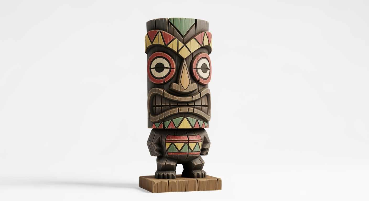 AI Design for make more tiki statue variants and make them more video game like one at a time with white background wooden base and colour patterns not to color full and more wood like and not too angry