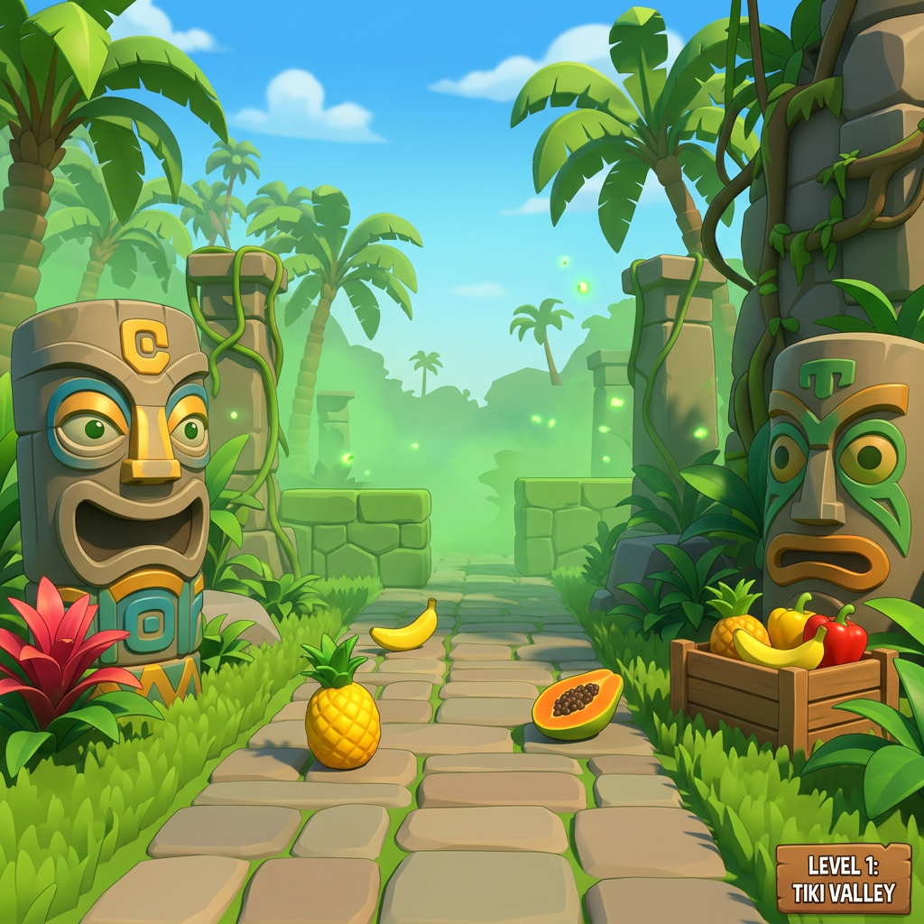 AI Design for MAKE AAN ENVIROMENT WITH THIS AESTHETIC MAKE IT SIMPLE CLEAN CARTOONY SIMPLER CLEAN NOT TO CONFUSING WITH FRUIT PALM TREES VINES like an indie game3 sunny comic style more mgreen  and beatifull world 3d platformer