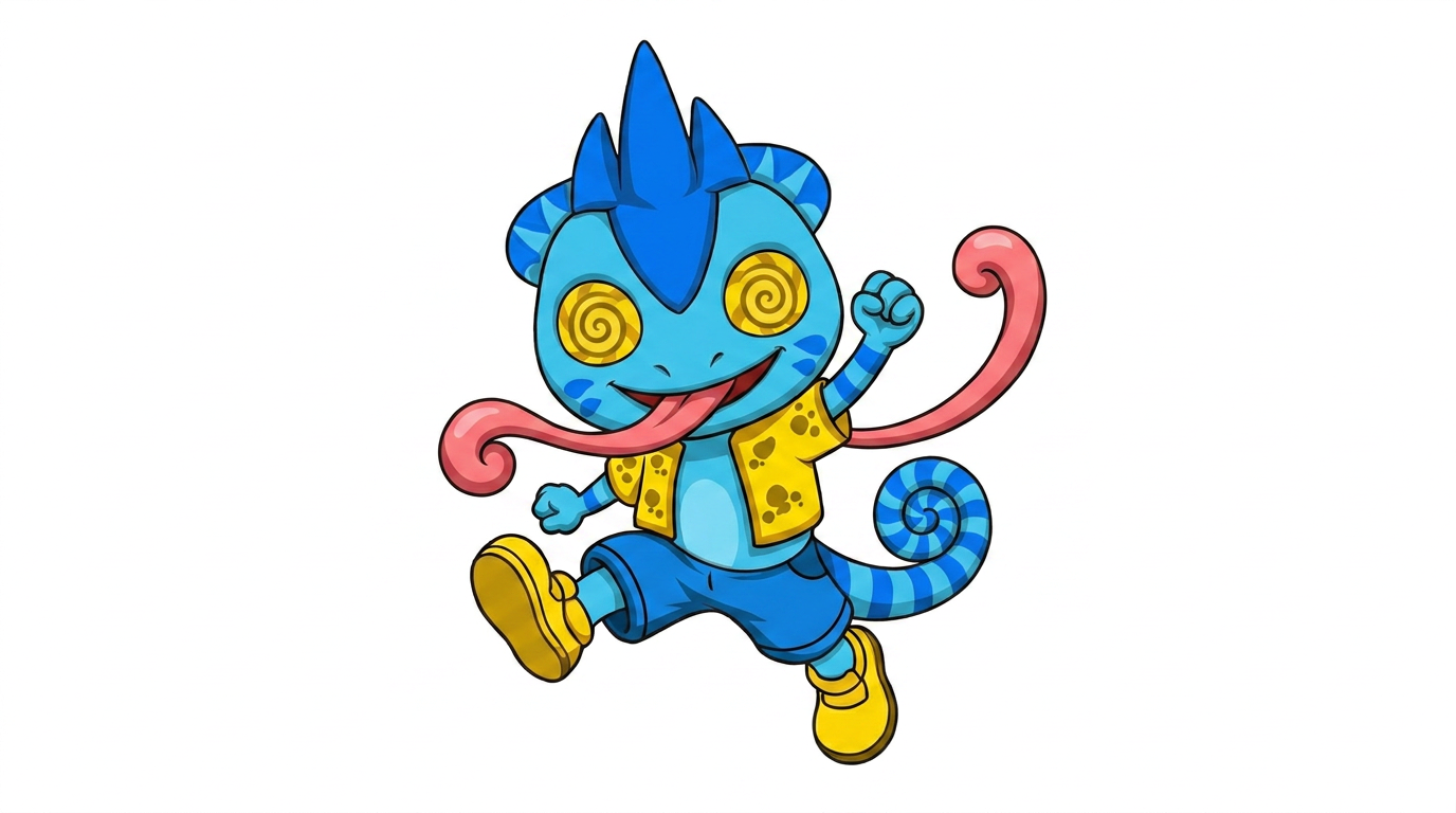 AI Design for the firsdt image has the pose i want to replicate which also has the same drawing style i want to repliocate to the second image with the small blue chameleon which should face the other direction on a white backdrop