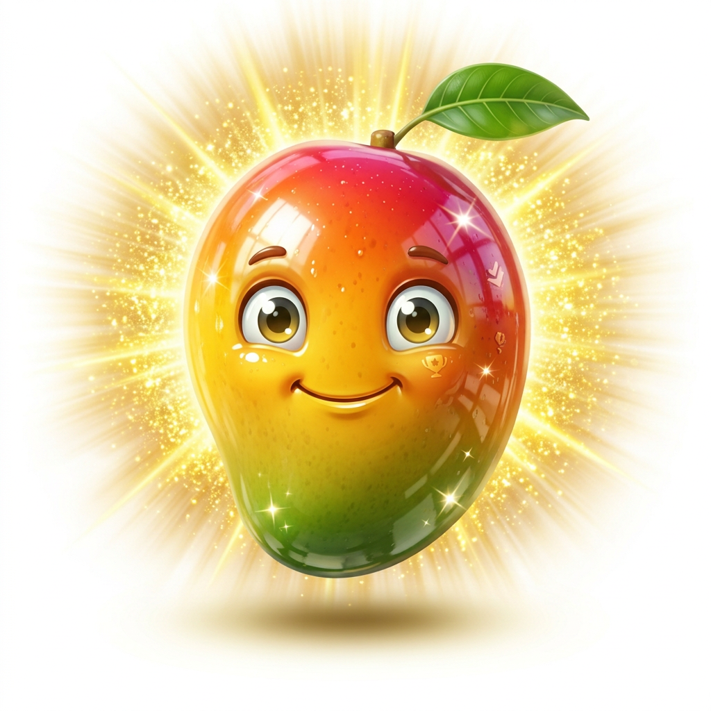 AI Design for big shiny glossy video game collectible mango white background and make it have a golden shine behind them give it a leaf stem and give him eyes and make him happy