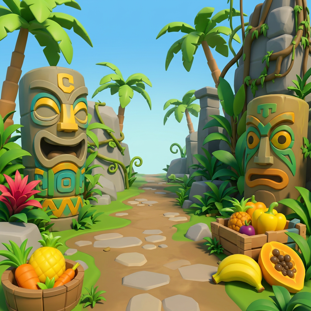 AI Design for MAKE AAN ENVIROMENT WITH THIS AESTHETIC MAKE IT SIMPLE CLEAN CARTOONY SIMPLER CLEAN NOT TO CONFUSING WITH FRUIT PALM TREES VINES like an indie game3