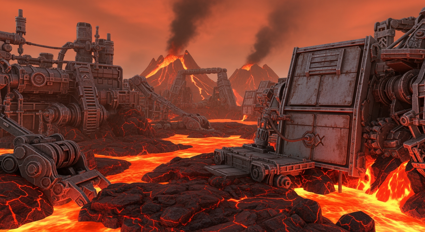 AI Design for make a video game world with many robotic mechanical elements like metal and also make it be in a lethal place full of lava rocks of magma as a background with no charachters a lot of smoke and game vibe and magma rocks and rocks are reddish orange to add to the vibe metal is gray and rusty and rocks are red