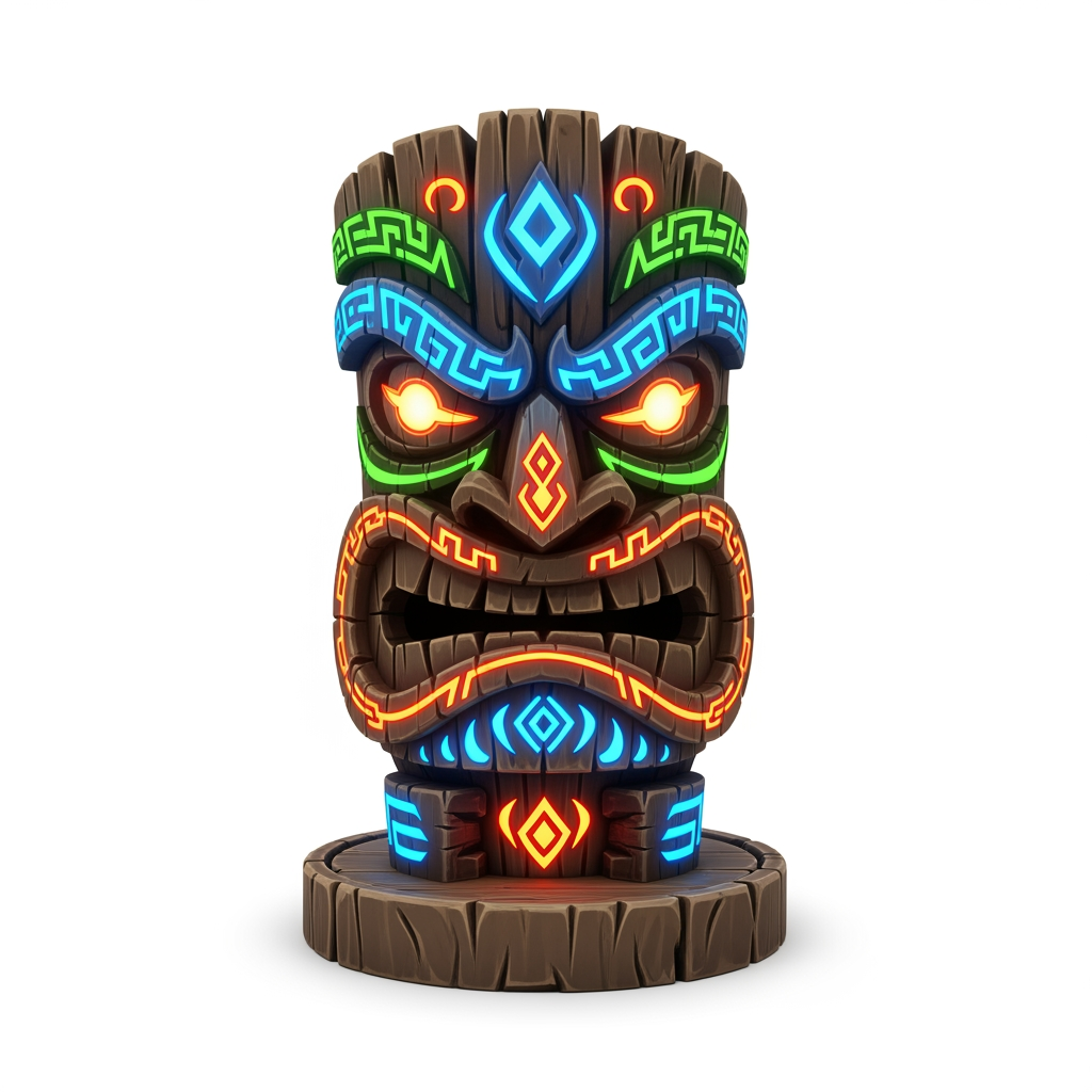 AI Design for make more tiki statue variants and make them more video game like one at a time with white background wooden base and colour patterns