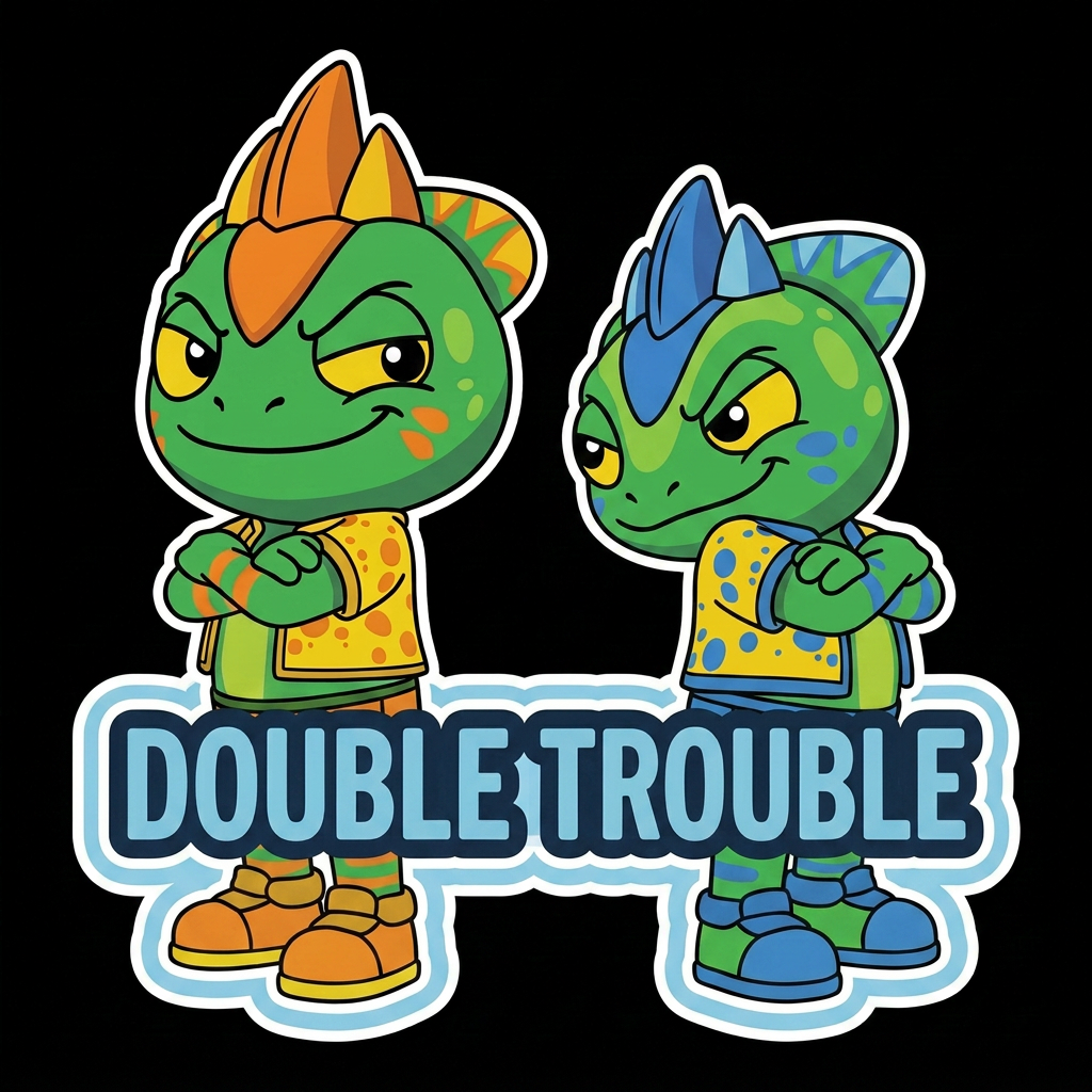 AI Design for Make the lizard on the right hand side smaller and shorter so the lizard with the orange stripes has to look a bit down to see his head and the text instead of being evil schemes is just double trouble and yeah