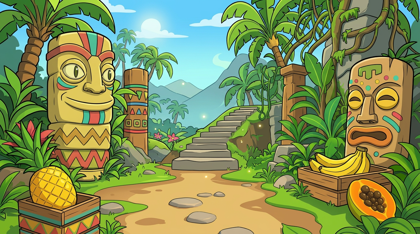 AI Design for MAKE AAN ENVIROMENT WITH THIS AESTHETIC MAKE IT SIMPLE CLEAN CARTOONY SIMPLER CLEAN NOT TO CONFUSING WITH FRUIT PALM TREES VINES like an indie game3 sunny comic style more mgreen  and beatifull world 3d platformer no simple coloring vibrant with minimal comic shading thick black bold lines in a simple enviroment with wood things related to wood are basic clean and have tribal colorings like zigzag lines on colored strip colorfull shapes on tribal parts and tiki heads simple aproachableand lizard like and sotne pillars are yellow ish sane with the tiki heads simple yet colorfull with stripes triangles etc