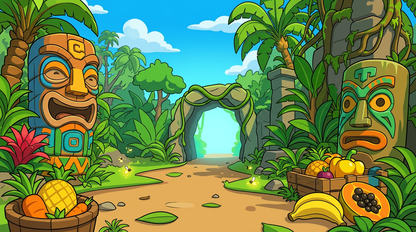 AI Design for MAKE AAN ENVIROMENT WITH THIS AESTHETIC MAKE IT SIMPLE CLEAN CARTOONY SIMPLER CLEAN NOT TO CONFUSING WITH FRUIT PALM TREES VINES like an indie game3 sunny comic style more mgreen  and beatifull world 3d platformer no simple coloring vibrant with minimal comic shading thick black bold lines