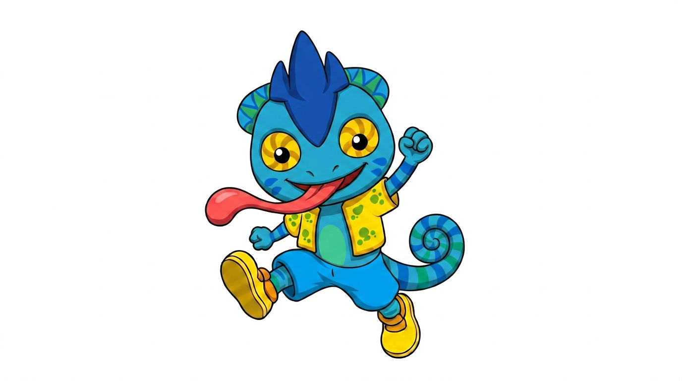 AI Design for the firsdt image has the pose i want to replicate which also has the same drawing style i want to repliocate to the second image with the small blue chameleon which should face the other direction on a white backdrop make him face the right and make him small and chubby MAKE HIM FACCE TO THE RIGH SIDE OF THE IMAGE