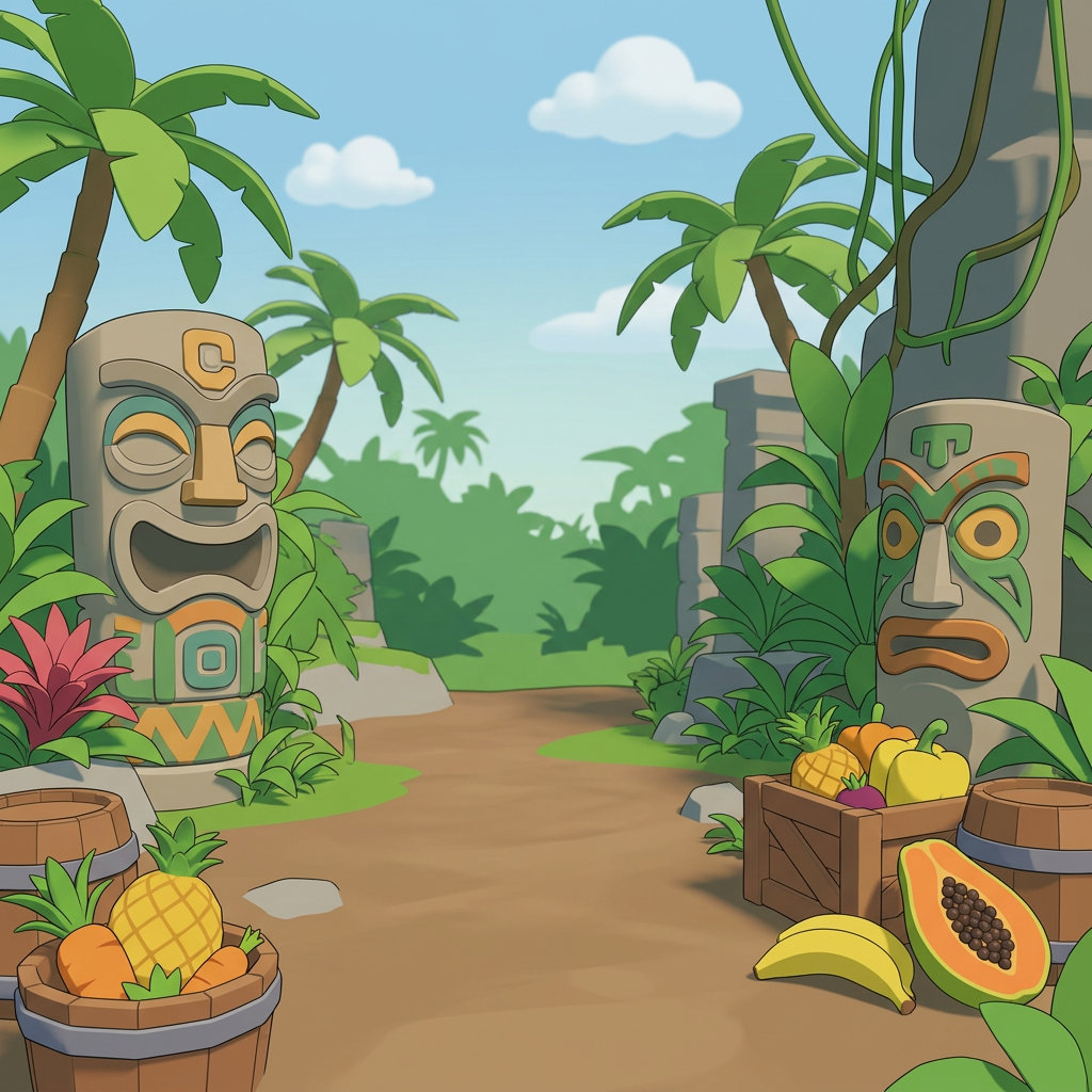 AI Design for MAKE AAN ENVIROMENT WITH THIS AESTHETIC MAKE IT SIMPLE CLEAN CARTOONY SIMPLER CLEAN NOT TO CONFUSING WITH FRUIT PALM TREES VINES like an indie game