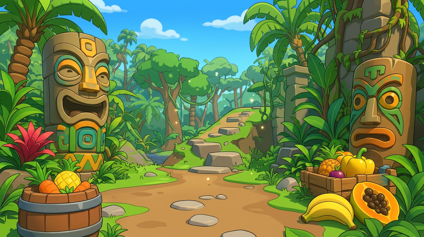 AI Design for MAKE AAN ENVIROMENT WITH THIS AESTHETIC MAKE IT SIMPLE CLEAN CARTOONY SIMPLER CLEAN NOT TO CONFUSING WITH FRUIT PALM TREES VINES like an indie game3 sunny comic style more mgreen  and beatifull world 3d platformer no