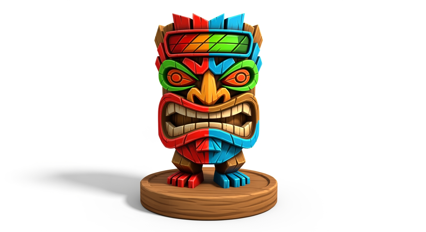 AI Design for make more tiki statue variants and make them more video game like one at a time with white background wooden base and colour patterns