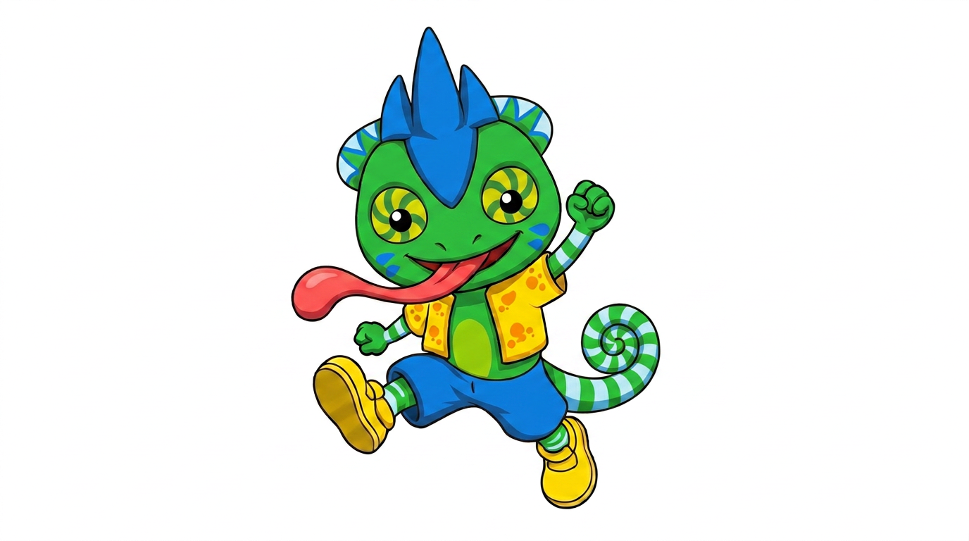 AI Design for the firsdt image has the pose i want to replicate which also has the same drawing style i want to repliocate to the second image with the small blue chameleon which should face the other direction on a white backdrop3