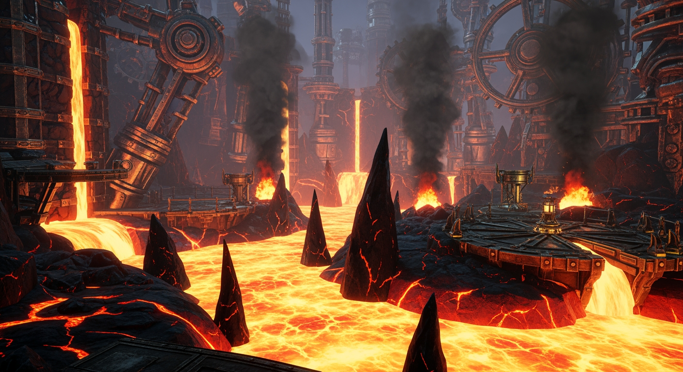 AI Design for make a video game world with many robotic mechanical elements like metal and also make it be in a lethal place full of lava rocks of magma as a background with no charachters a lot of smoke and game vibe