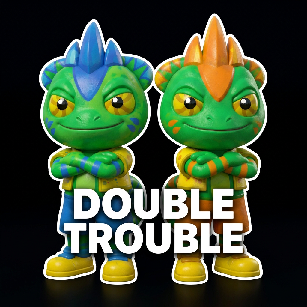 AI Design for Take these two chameleon brothers and put them on a black background an outline them with a white outline make sure that all of their details are visible make both of the characters cross their arms and touch their backs and have a smile like a mean like menacing smile you'd more menacing more cuter and in bold white text like down their bodies so you can really see their legs it says Double Trouble in Big white text and don't change up their details just change up their pose but the on a black background and do everything that