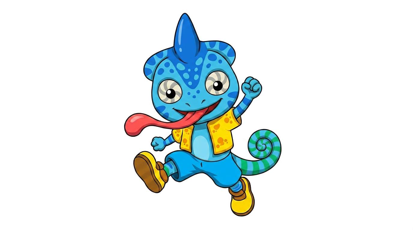AI Design for the firsdt image has the pose i want to replicate which also has the same drawing style i want to repliocate to the second image with the small blue chameleon which should face the other direction on a white backdrop